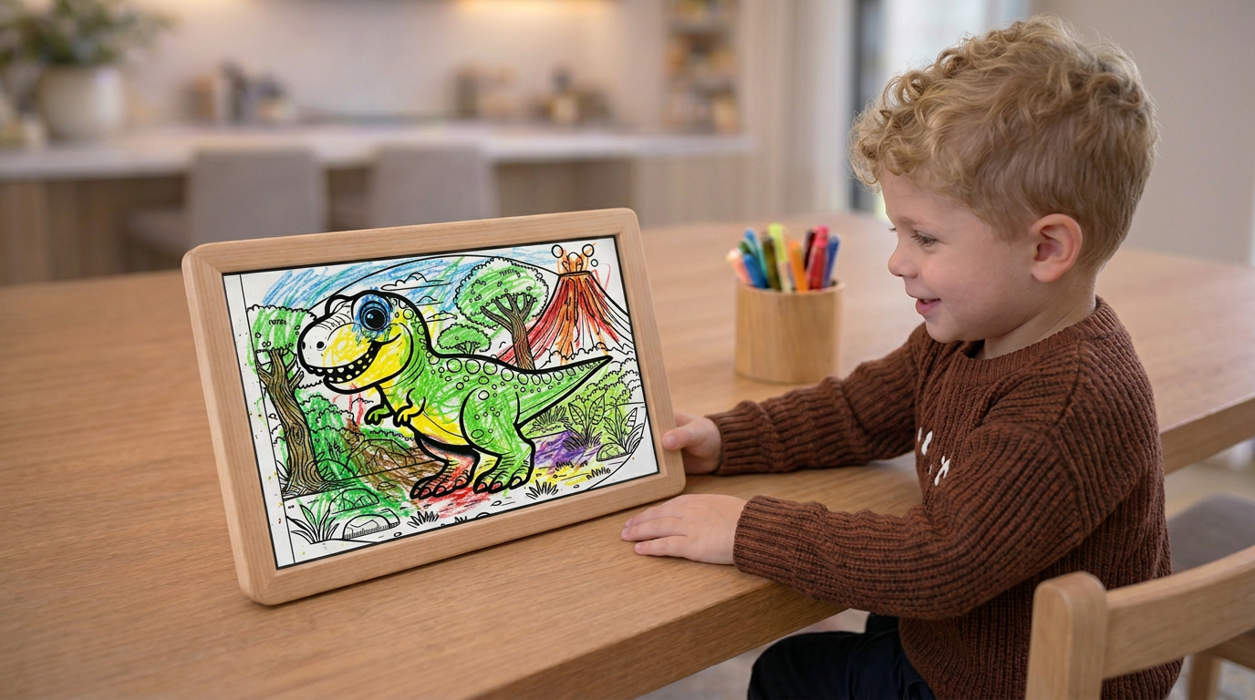 Banks viewing his dinosaur drawing on the frame