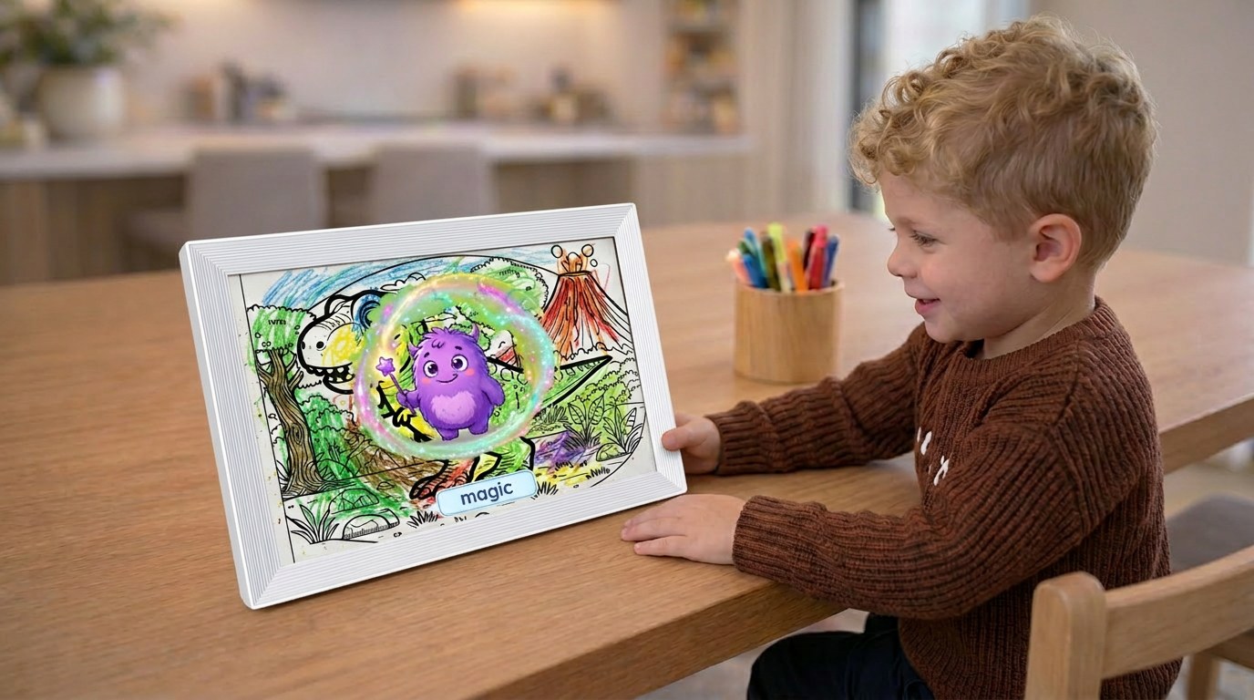 Child presses magic button on the frame