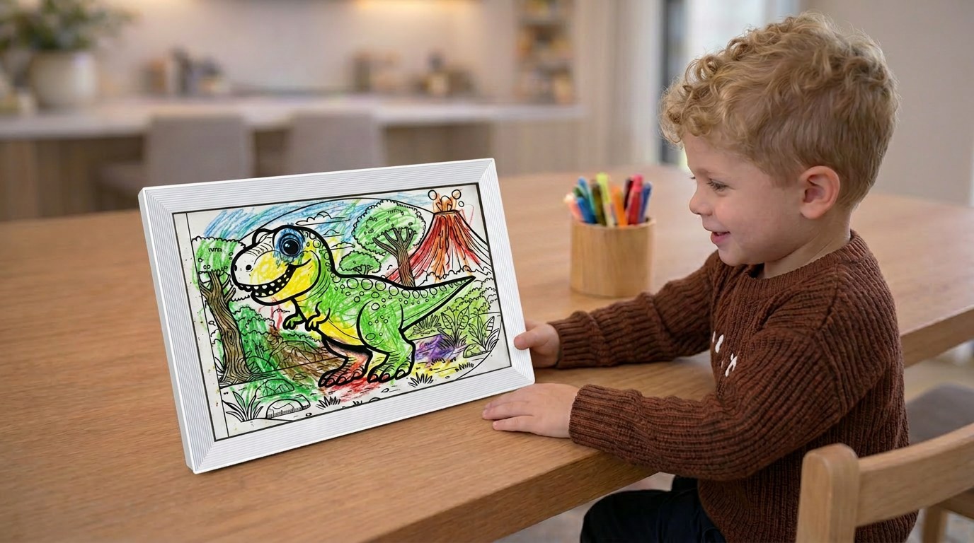 Original dinosaur drawing preserved on frame