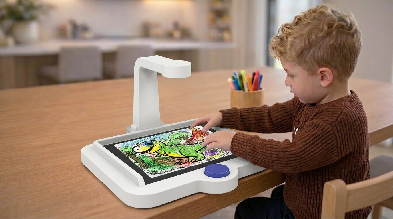 Child placing dinosaur drawing on the tray