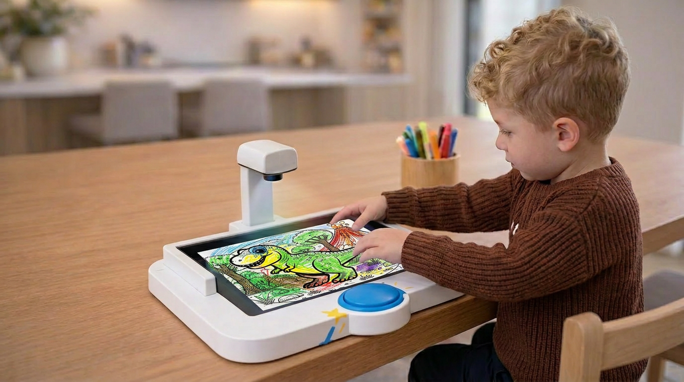 Banks placing dinosaur drawing on tray