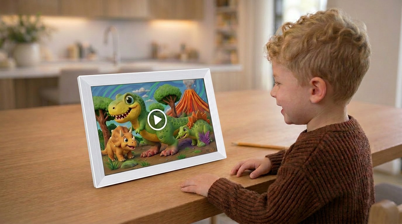 Animated dinosaur video on the frame