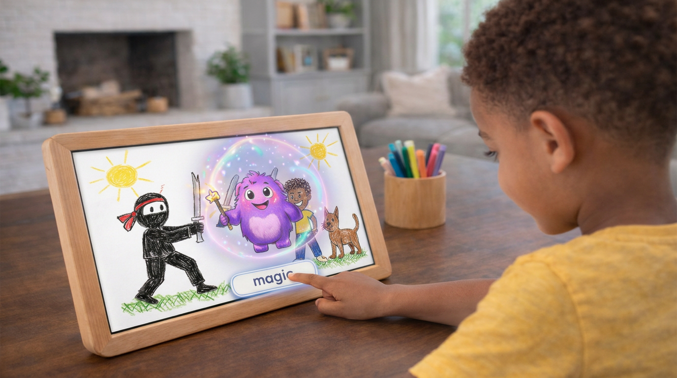 Boy presses magic button on frame