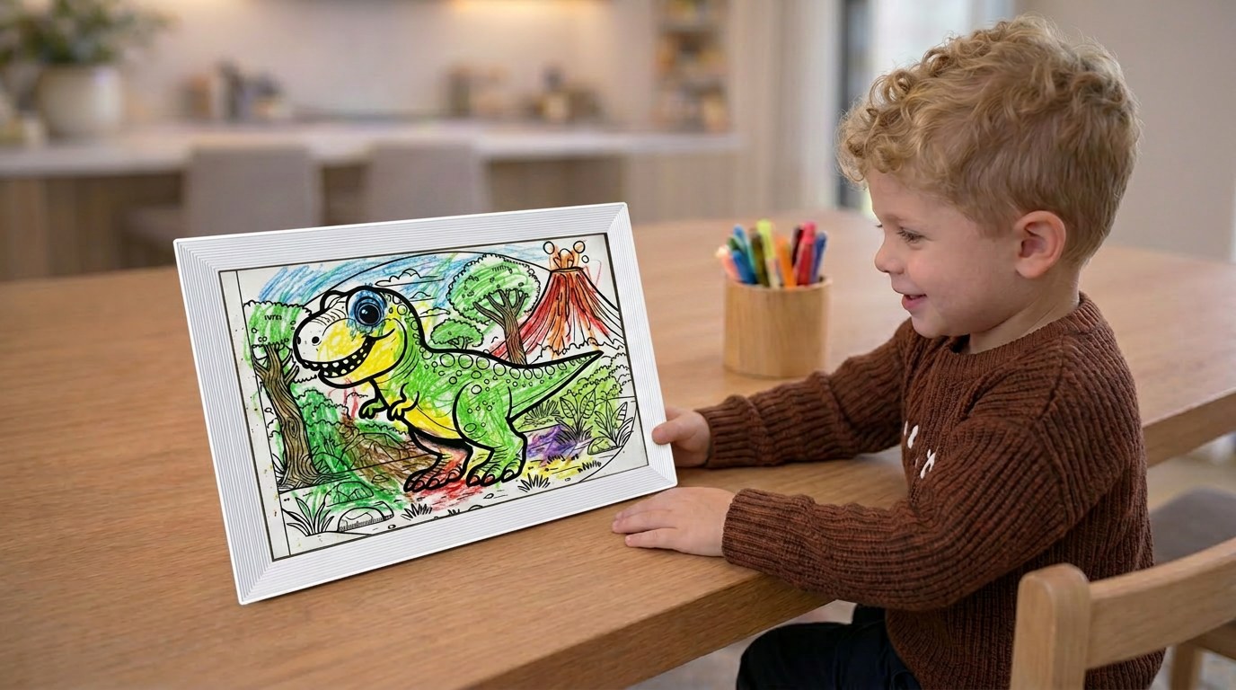 Child viewing his dinosaur drawing on the frame