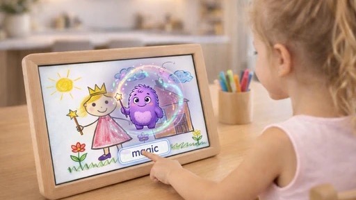 Girl presses magic button on frame