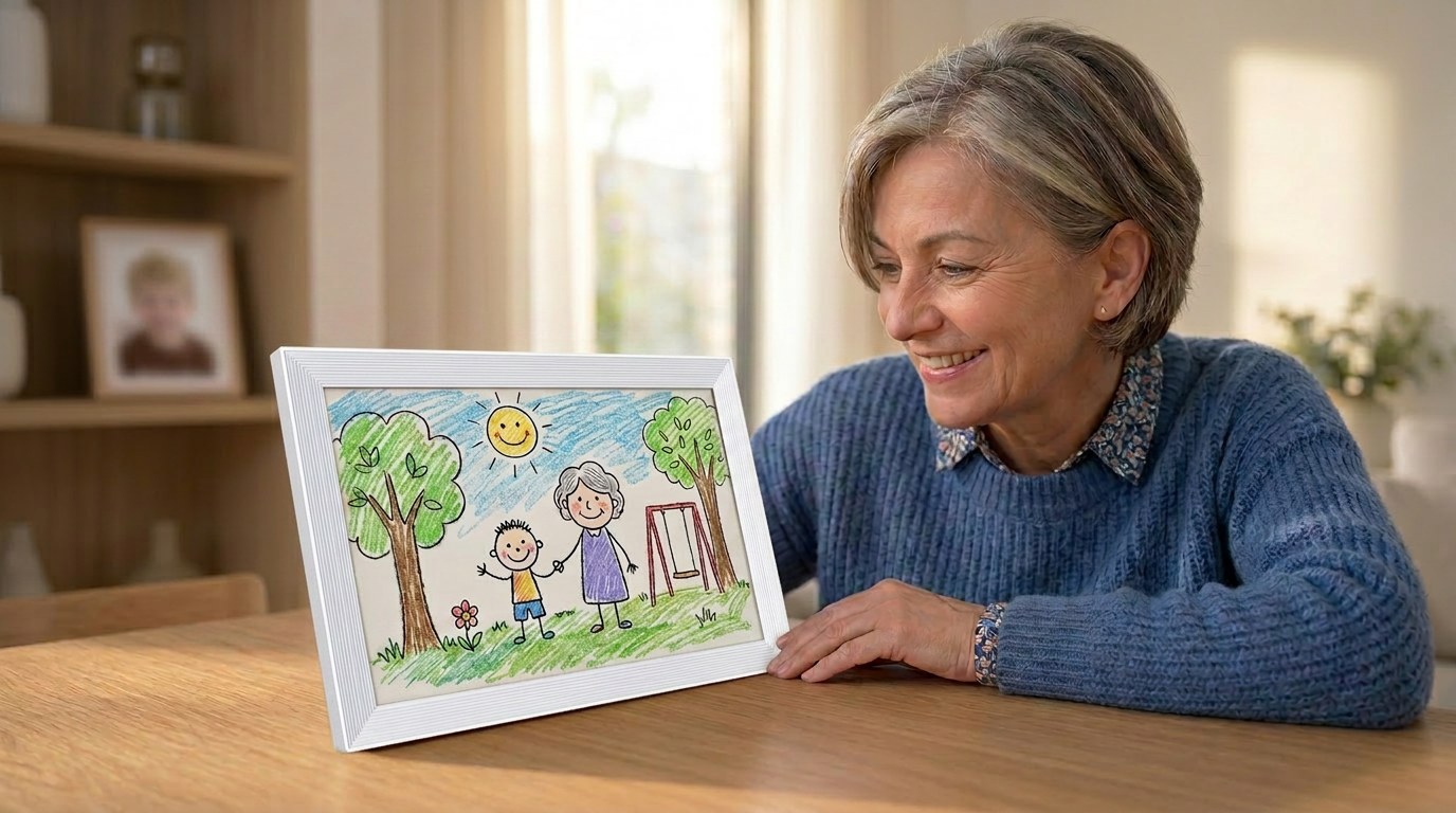 Grandma smiling at her grandchild's drawing on a Forever Art frame