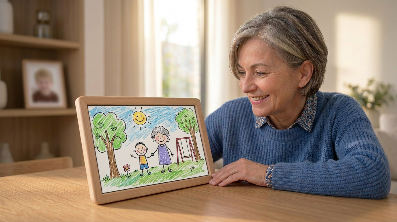 Grandma smiling at grandchild's dinosaur drawing on Forever Art frame