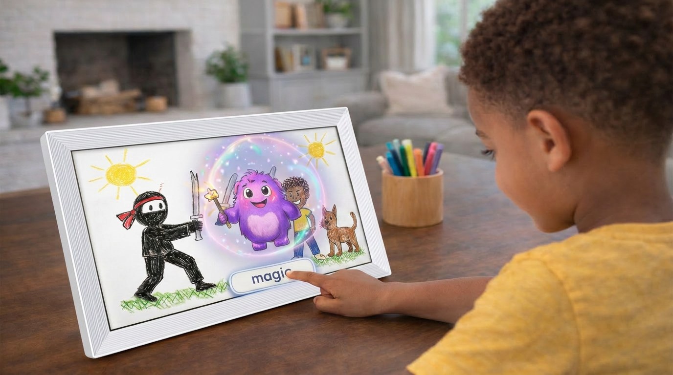 Child presses magic button on the frame