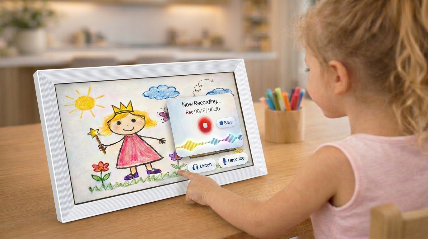 Child recording a voice description of their drawing