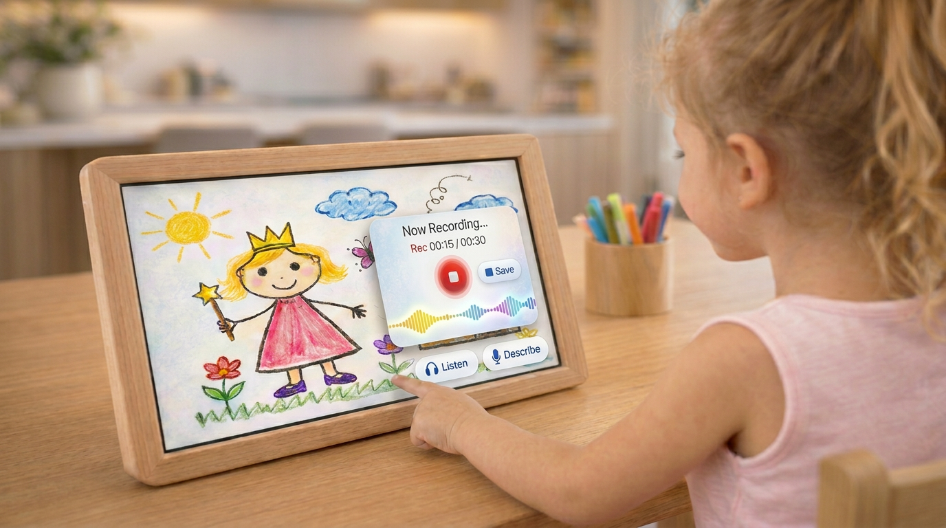 Child recording a voice description of their drawing