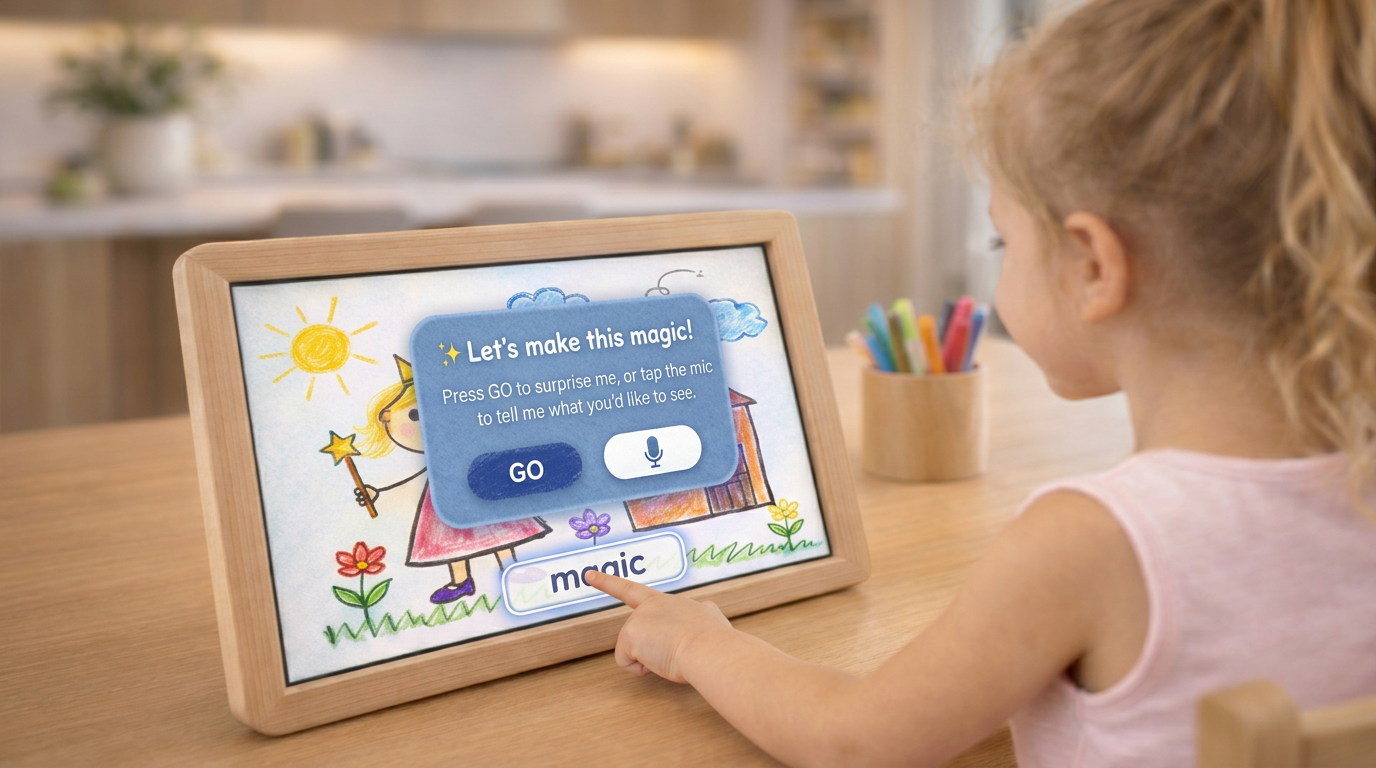 Child using voice to direct the magic on the frame